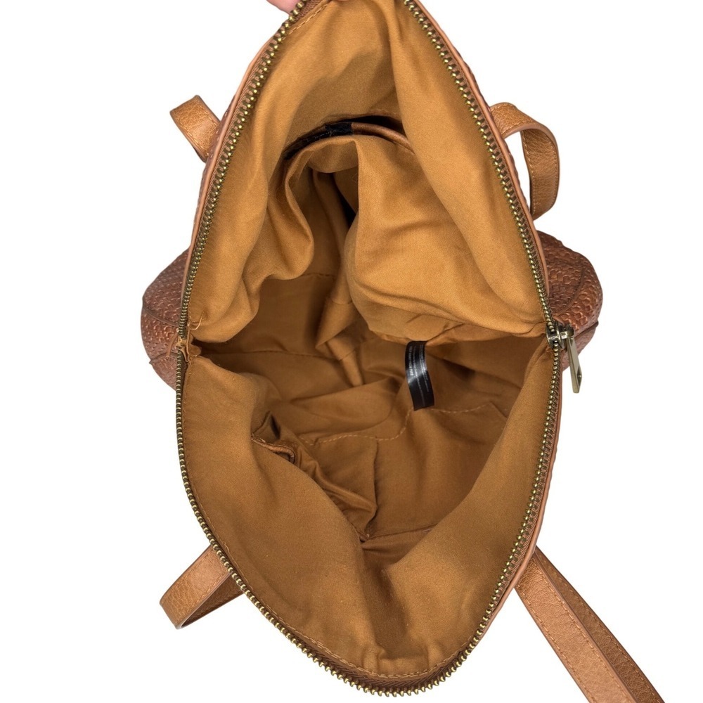 Anthropologie Cognac Brown Round Woven Faux Leather Embossed Circle Shoulder Bag - Picture 6 of 8